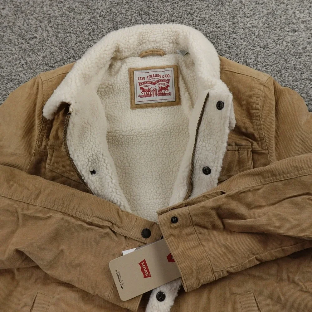 NEW Levis Jacket Mens S Beige Corduroy Sherpa Lined Trucker Snap Zip‎ Coat